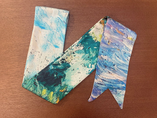 蠶絲小絲巾 藍綠海邊