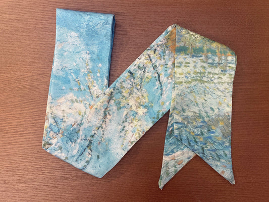 蠶絲小絲巾 湖邊桃花