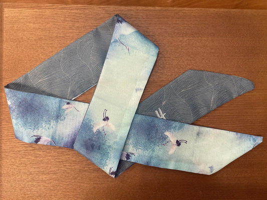 棉質小絲巾 古風單面藍綠仙鶴