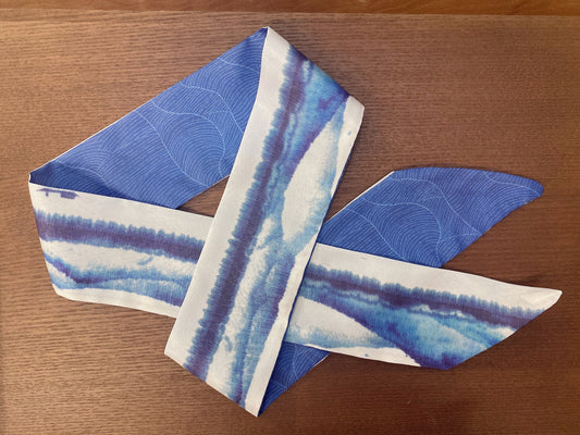 棉質小絲巾 古風單面藍色山脈湖泊